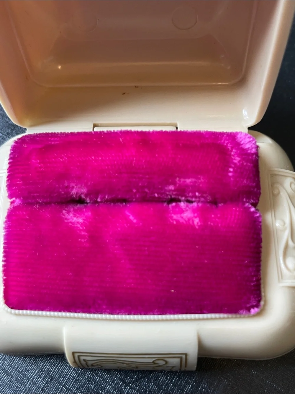 Vtg Dennison Art Deco Ring Box Celluloid Plastic Red Velvet Gold Scroll Accents